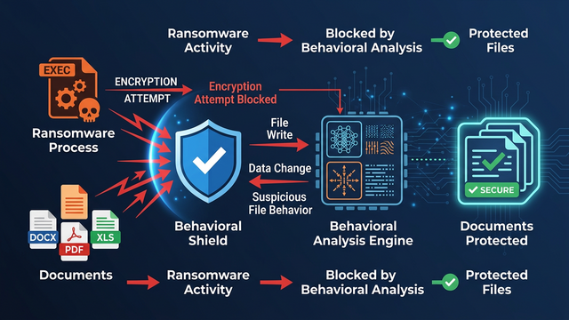 Diagram showing how behavioral blocking intercepts a ransomware encryption attempt in real time, protecting personal documents on a Windows PC