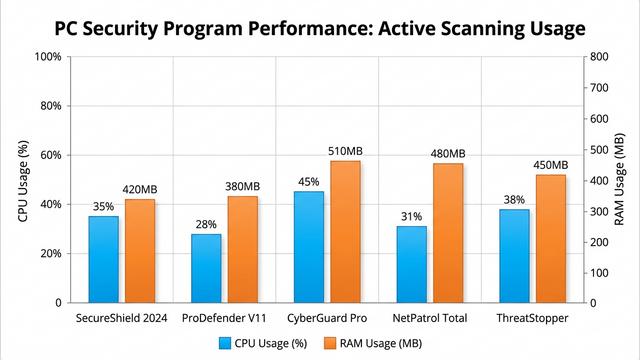 Visual comparison of CPU and memory usage across different PC security programs during active scanning