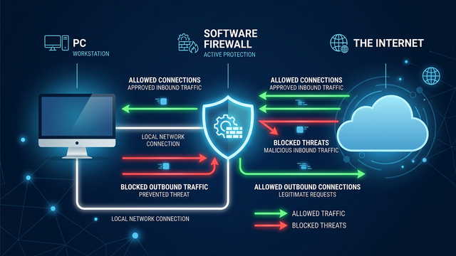 Diagram showing how a software firewall filters inbound and outbound network connections to protect a PC from external threats