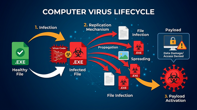 Diagram showing how a computer virus attaches to a clean executable file and spreads to other files on a system