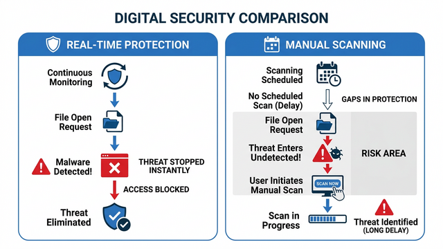 Flowchart comparing real-time antivirus protection workflow versus manual on-demand scanning process