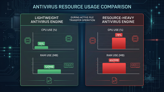 Comparison chart showing CPU and RAM usage of a lightweight antivirus engine versus a resource-heavy antivirus engine during active file transfer on Windows PC