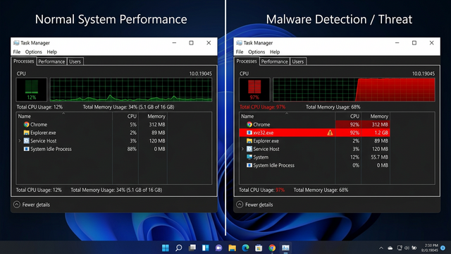 Side-by-side comparison of a clean Windows Task Manager versus one showing suspicious high CPU usage from an unknown malware process