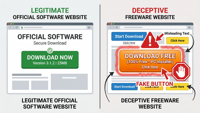 Visual comparison of a legitimate software download button versus a fake malicious advertisement button designed to trick users into downloading a Trojan virus