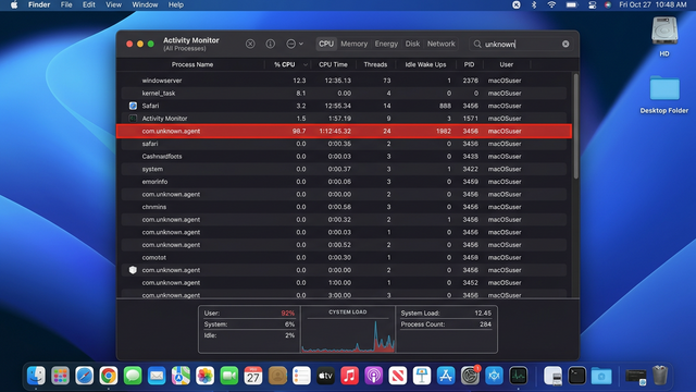 Mac Activity Monitor showing suspicious process consuming high CPU usage, indicating potential malware infection