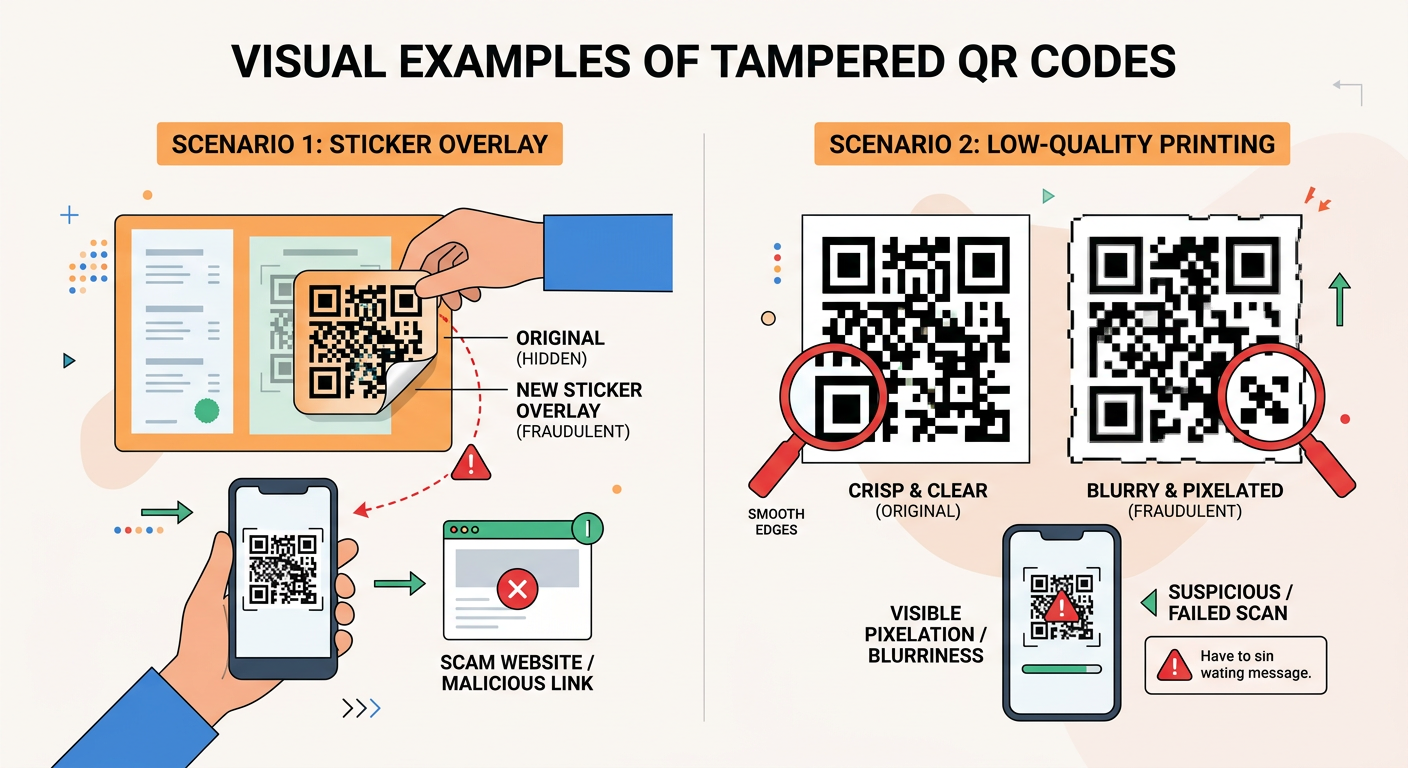 Side-by-side comparison of legitimate bank login page versus phishing page accessed via QR code showing visual differences and security indicators
