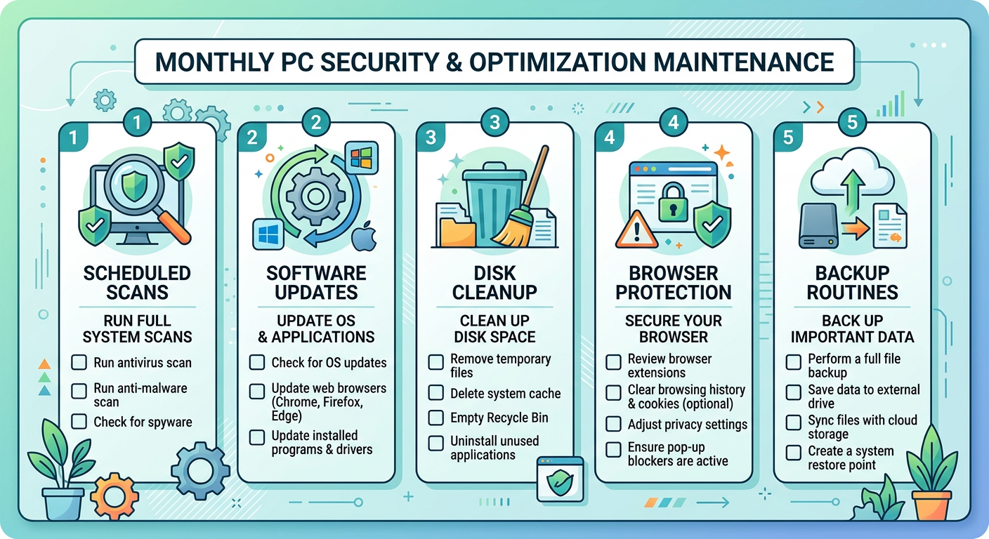 Infographic showing how PC system optimization reduces vulnerability points across antivirus scanning, network protection, startup management, and privacy defense layers