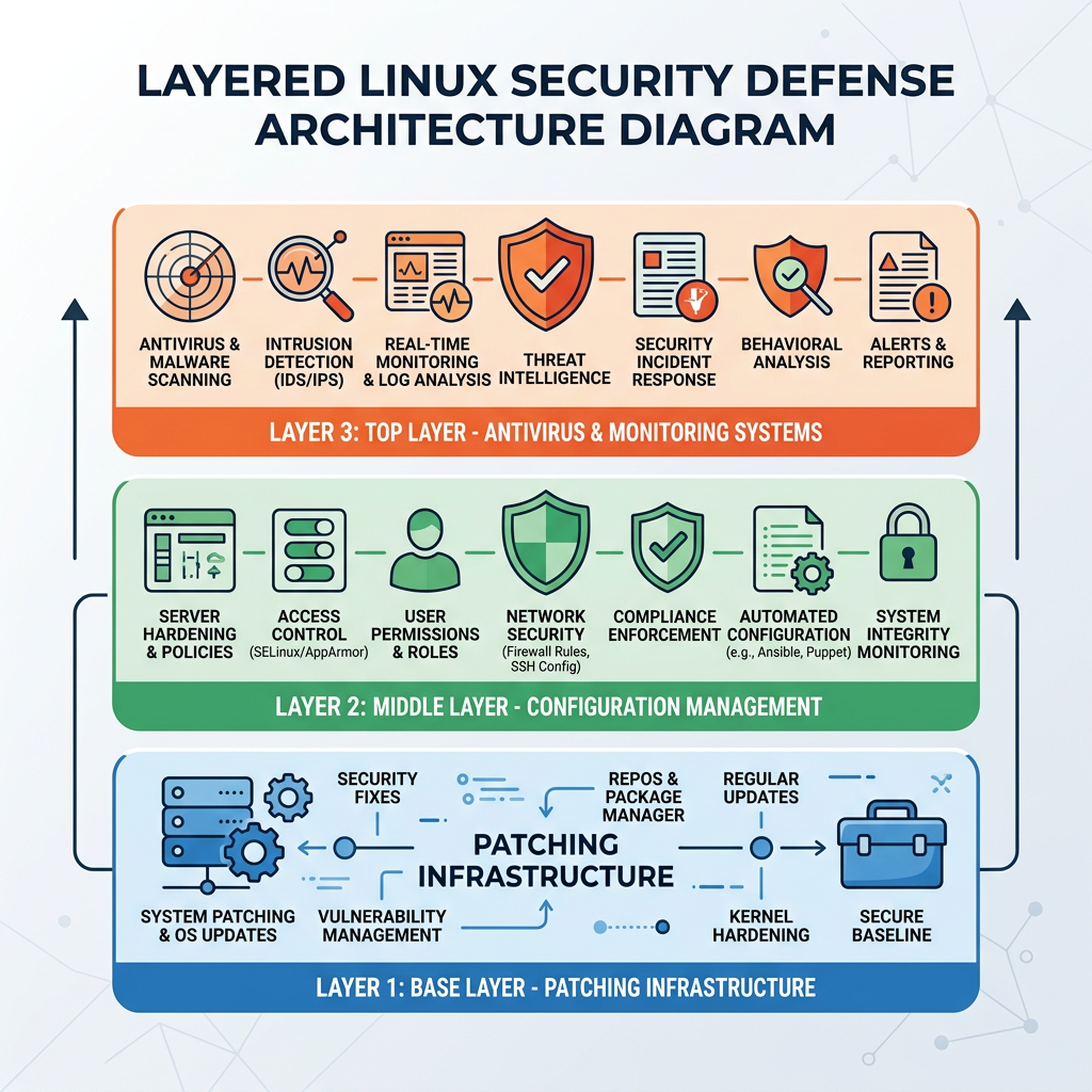 Flowchart showing Linux CVE root privilege escalation attack progression from initial user access through exploit execution to full system compromise and network lateral movement