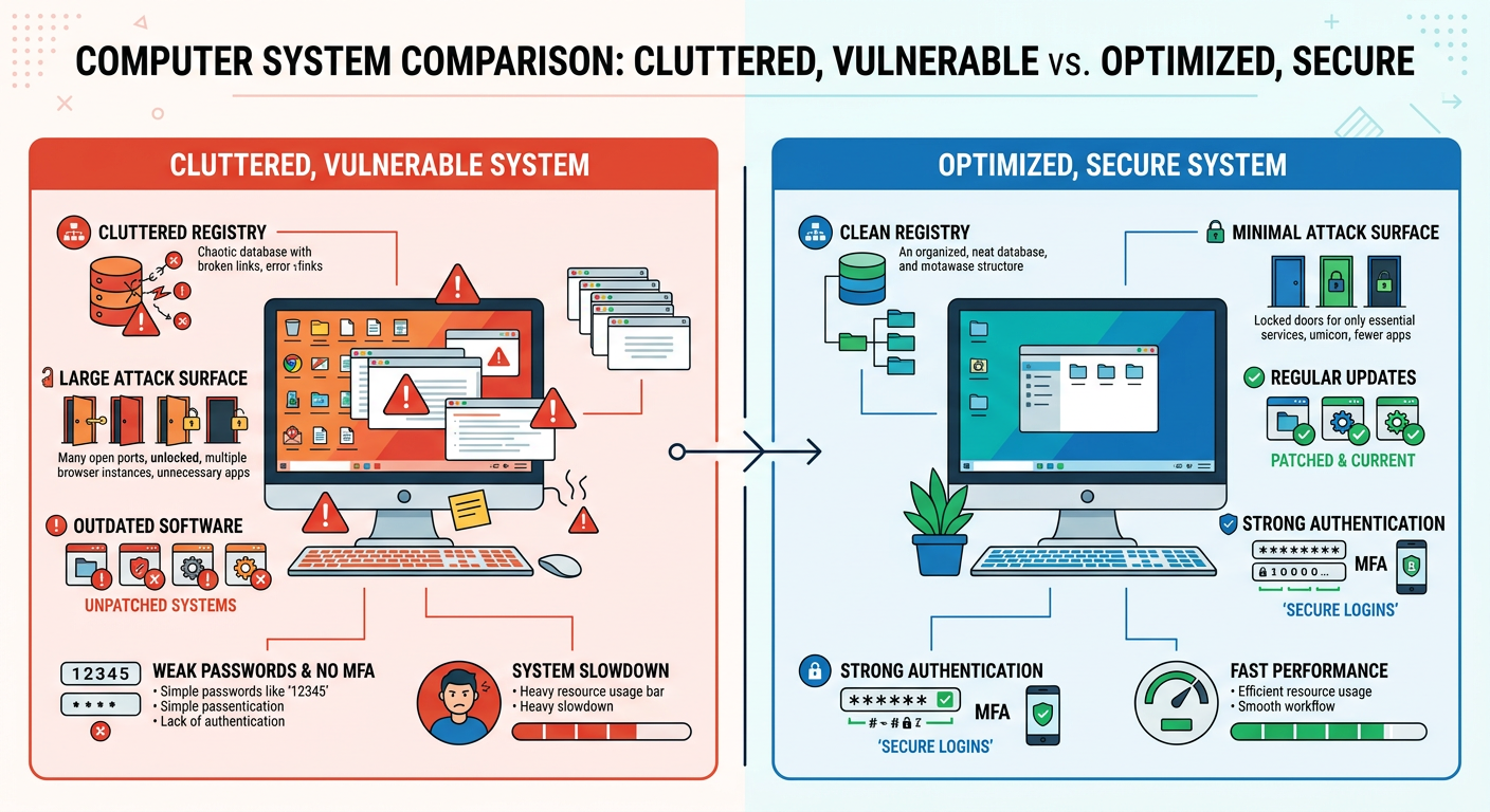 Side-by-side comparison of cluttered vulnerable computer system versus optimized secure system with clean registry and minimal attack surface