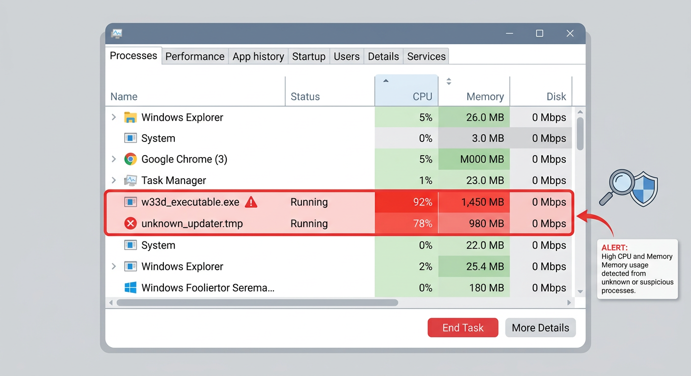 Windows Task Manager screenshot highlighting suspicious processes with high CPU and memory usage