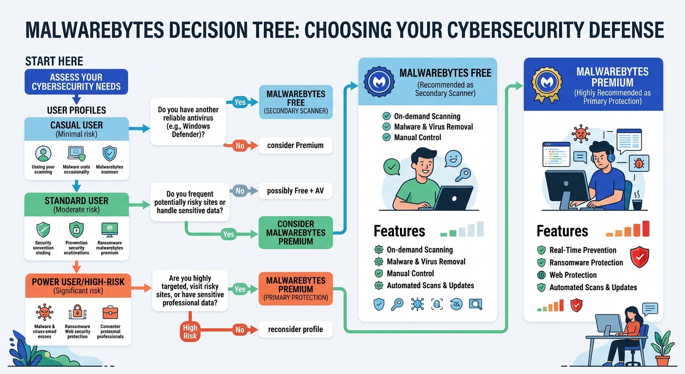 Split-screen comparison showing Malwarebytes Free on-demand scanning interface versus Premium real-time protection dashboard with active shields