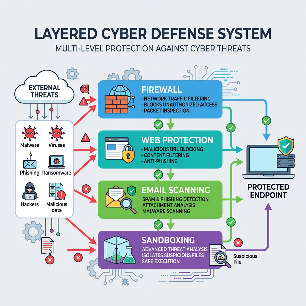 Technical illustration showing antivirus and system optimization tools working together on a desktop computer with malware scanning, disk cleanup, and performance monitoring icons