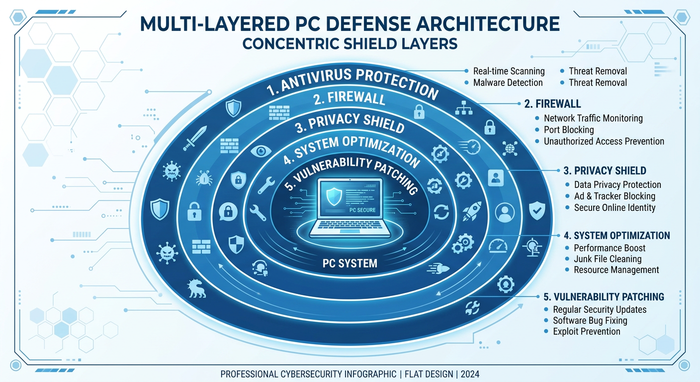 Conceptual illustration of a cluttered hard drive with residual malware files, broken registry entries, and temporary file clutter highlighted in red