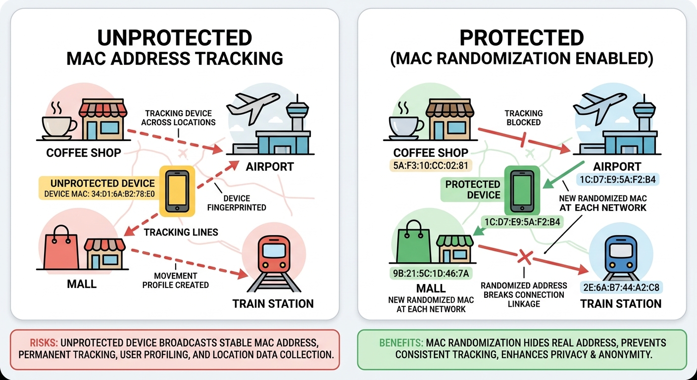 Illustration demonstrating how MAC addresses enable device tracking across multiple public WiFi locations including coffee shops, airports, and shopping centers with connecting tracking lines