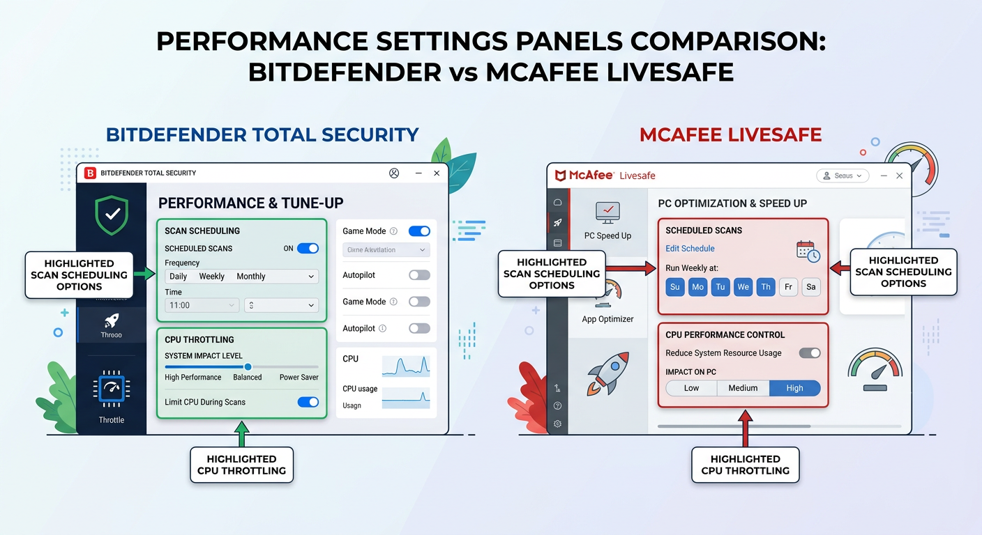 Tech editorial graphic comparing system resource load of Bitdefender, McAfee, and 360 Total Security with visual indicators showing relative performance impact