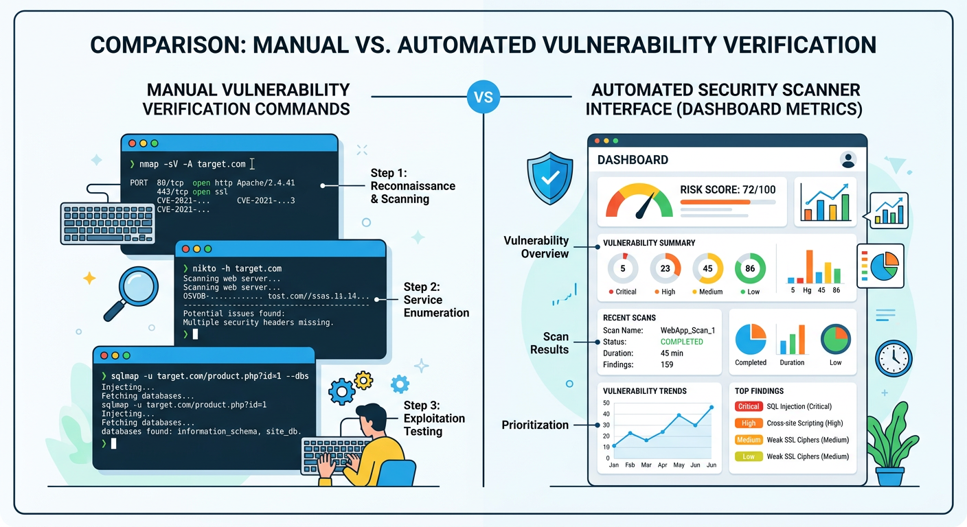Comparison of manual Linux vulnerability verification commands including dpkg, rpm, and uname versus automated security scanner dashboard interface showing real-time CVE alerts