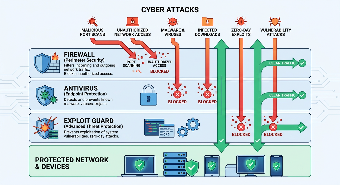 Side-by-side screenshot comparison of simplified home user security dashboard and complex enterprise security console with detailed configuration options
