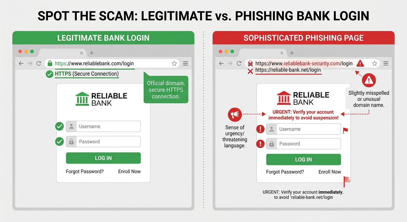 Comparison of a legitimate bank login page versus a phishing page highlighting URL and design differences