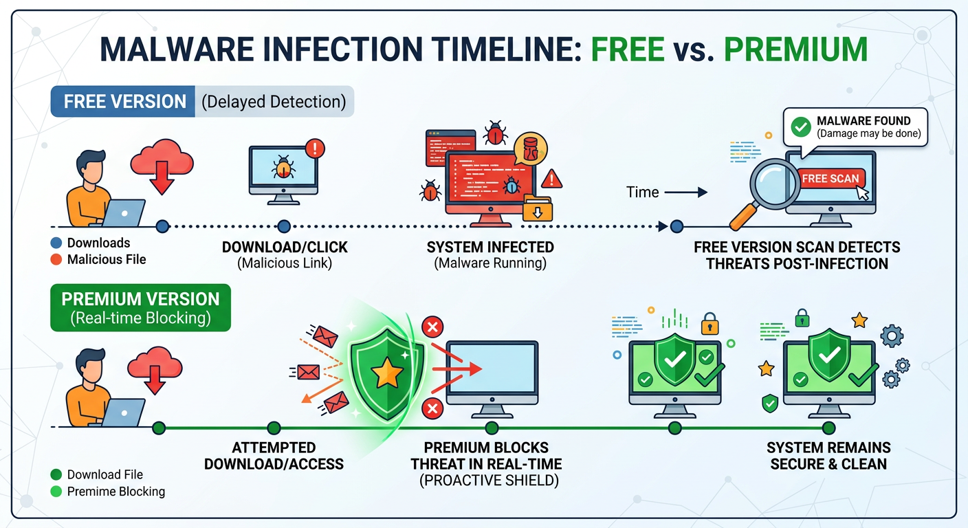 Flowchart illustrating decision tree for Malwarebytes Free versus Premium based on user technical proficiency and risk tolerance levels