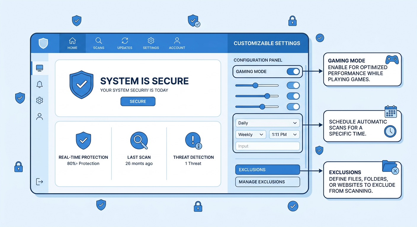 Layered security approach infographic showing antivirus firewall VPN and backup working together for comprehensive Windows PC protection