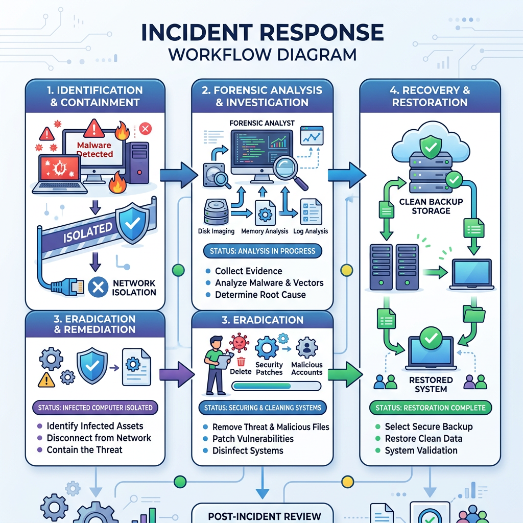 Infographic checklist showing 5 immediate PC hardening steps including least privilege enforcement, application control, backup strategy, security software deployment, and user education training