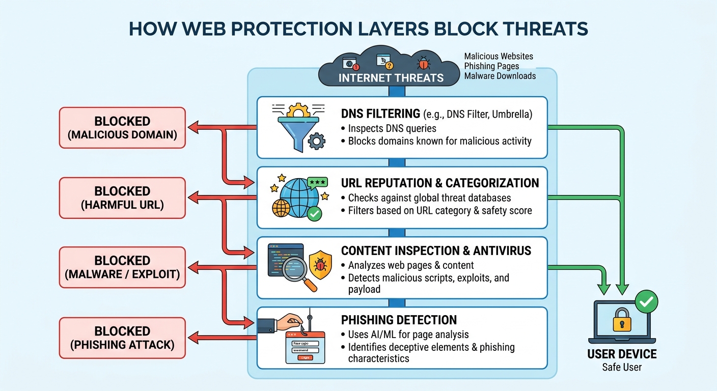 Detailed diagram showing web protection layers intercepting and blocking malicious websites and phishing attempts before reaching the user