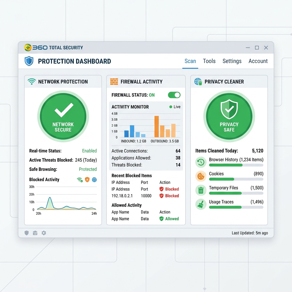 360 Total Security dashboard interface showing real-time protection status with green checkmarks, network monitoring graph, and privacy cleaner statistics