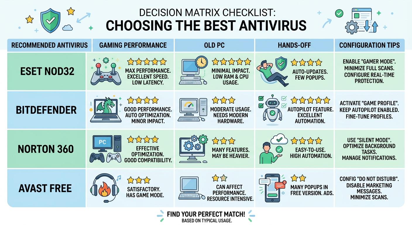 Annotated screenshots showing performance settings panels in Bitdefender and McAfee interfaces with CPU throttling and scan scheduling options highlighted