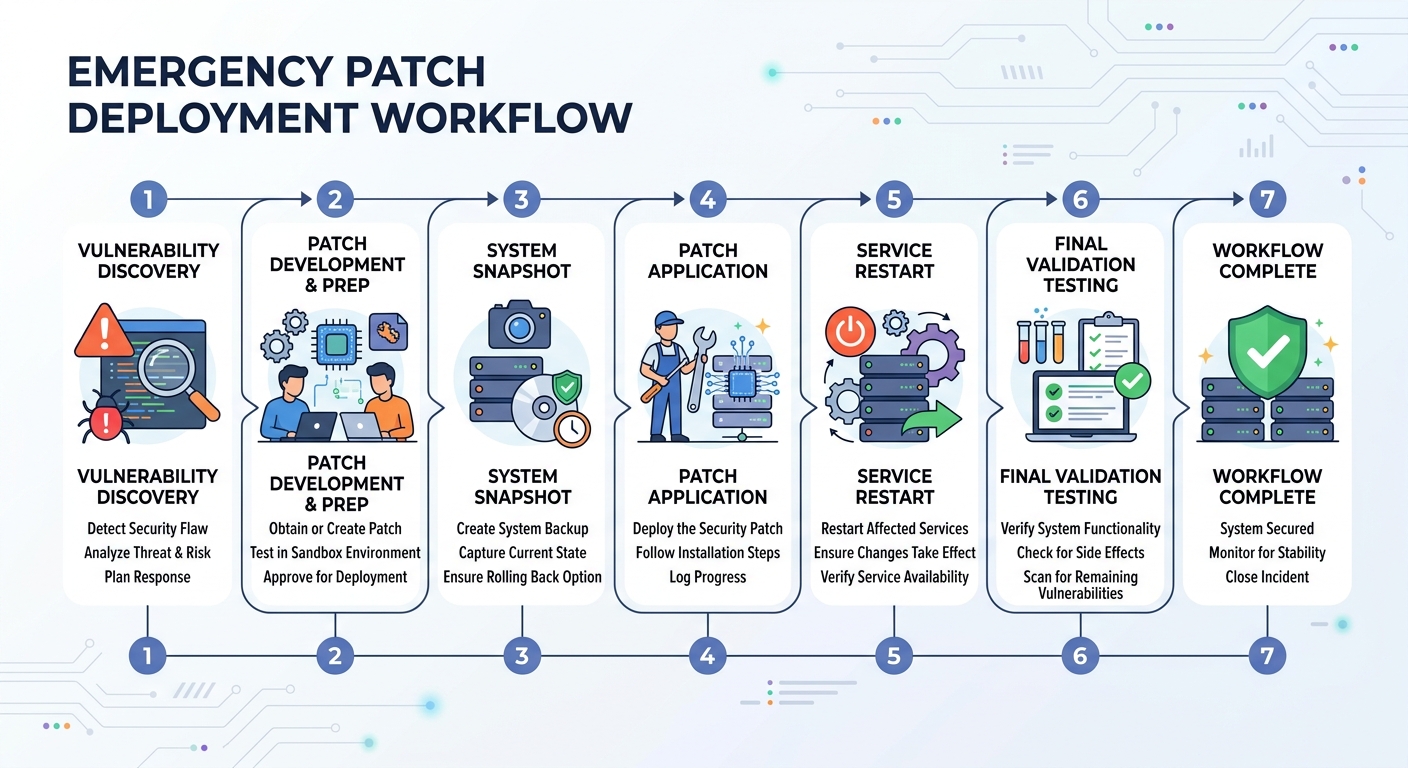 Timeline infographic showing emergency Linux patch deployment workflow from vulnerability discovery through system snapshot, patch application, service restart, to validation testing
