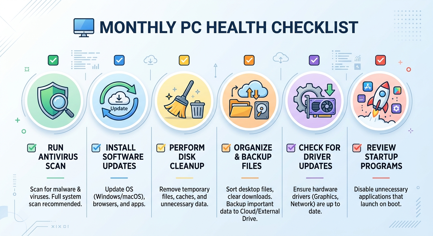 Monthly PC Health Checklist infographic with icons for Antivirus Scan, Software Updates, and Disk Cleanup