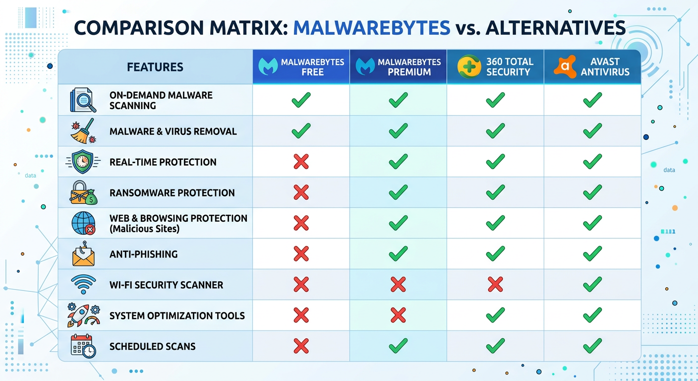 Timeline visualization showing malware infection progression with Free version detecting threats days after compromise versus Premium blocking threats at execution point