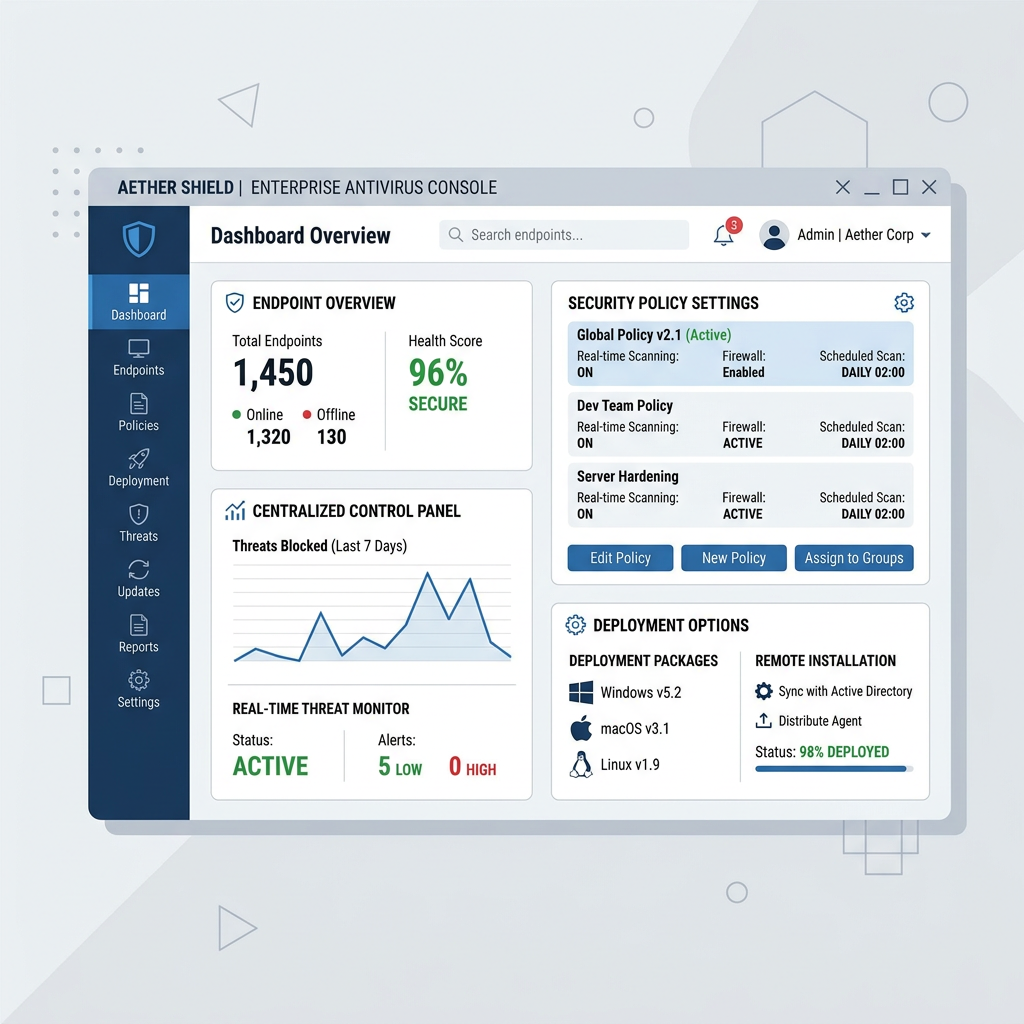 Screenshot-style illustration of enterprise antivirus management console showing centralized control panels, deployment options, and security policy settings