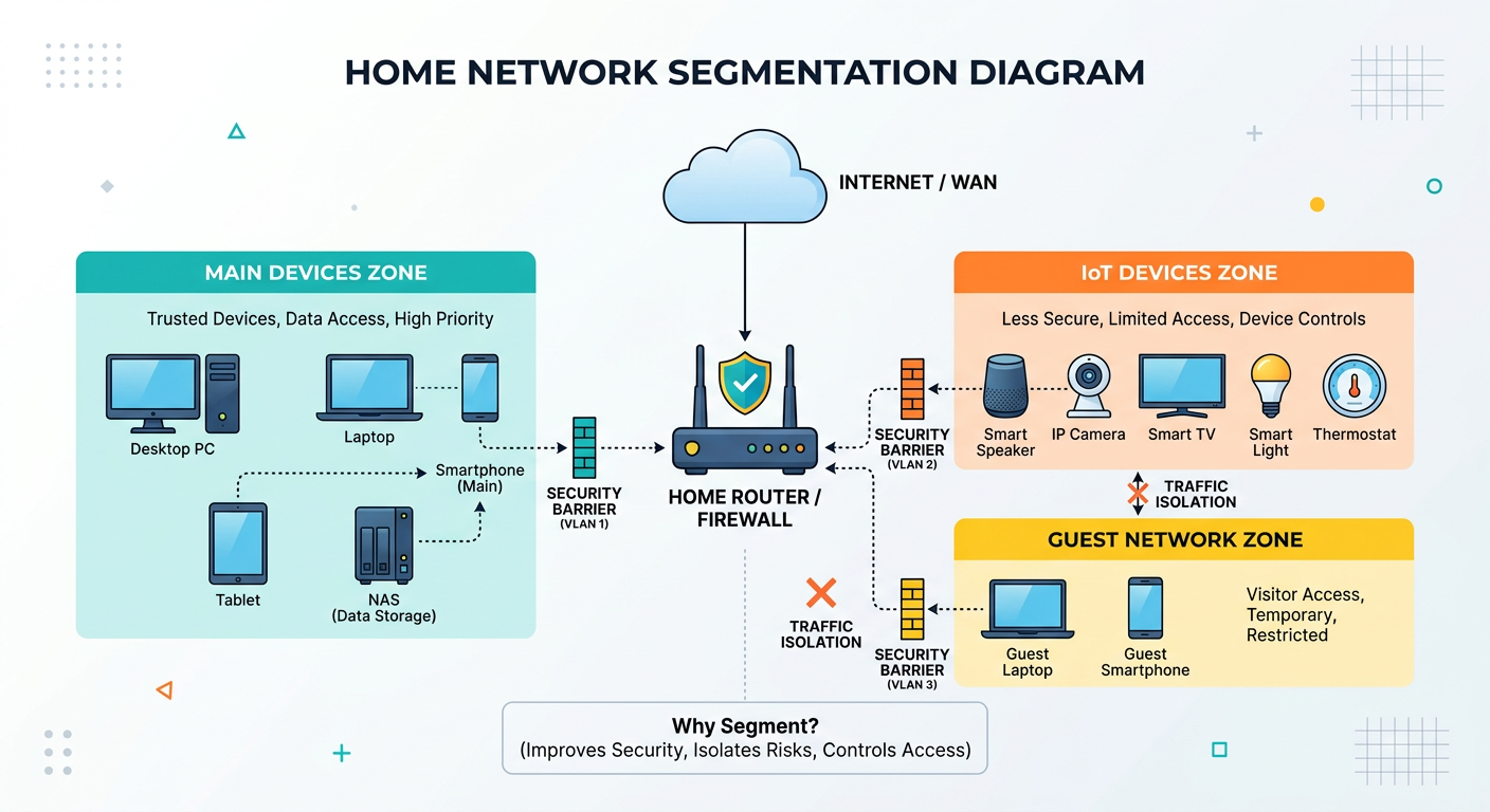 Network monitoring dashboard displaying connected devices, real-time traffic graph, security status indicators, and alert notifications in a clean interface