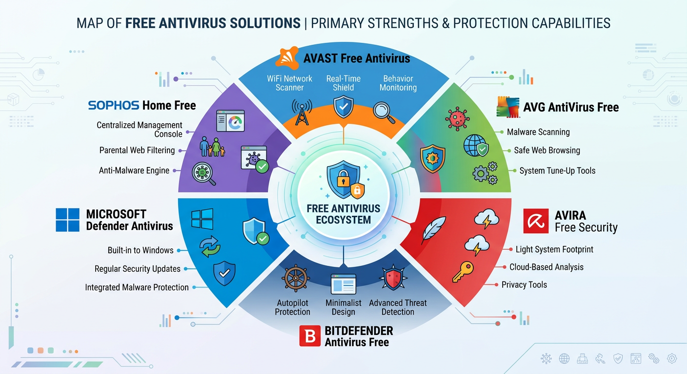 Comparative matrix showing feature availability and performance metrics across Malwarebytes Free, Premium, and alternative antivirus solutions