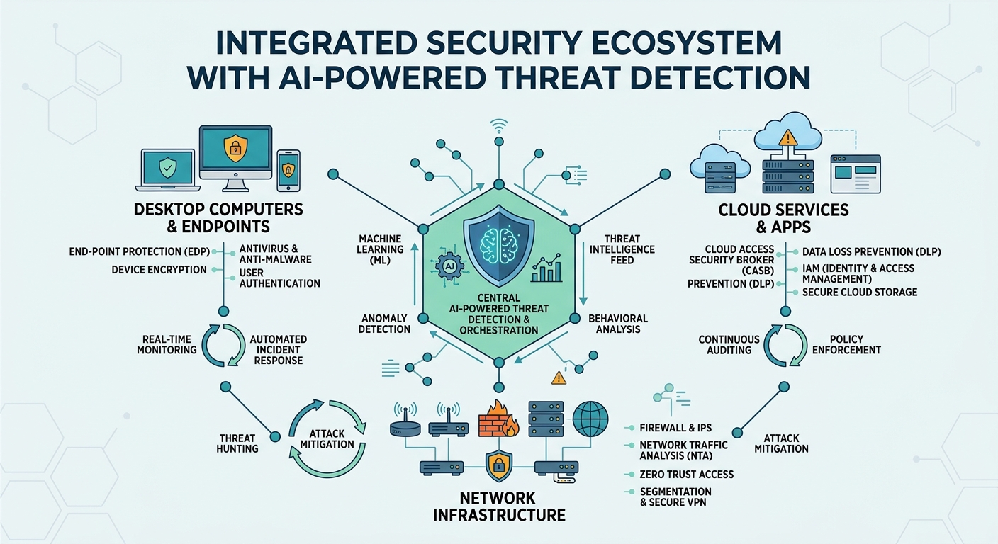 Conceptual map of future integrated security ecosystem protecting desktop computers, cloud services, and network infrastructure with AI-powered threat detection